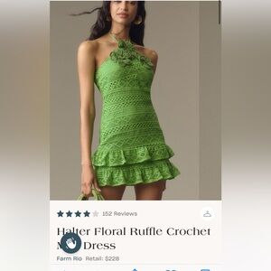 Farm Rio Halter Floral green crochet minidress size Small